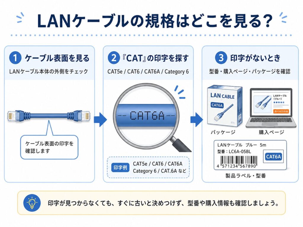 LANケーブル表面の印字を確認し、CAT5e・CAT6・CAT6Aなどの規格表記や、印字がない場合の型番・購入ページ・パッケージ確認先を示した図解