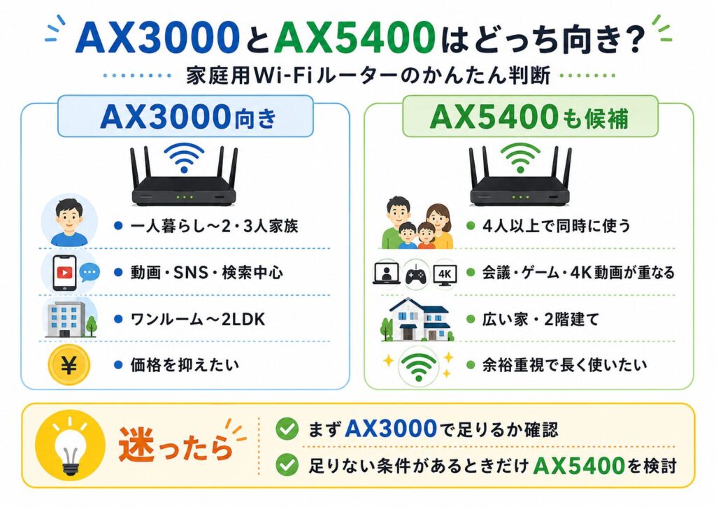 AX3000とAX5400の違いを、人数・使い方・家の広さ・価格の観点から比較し、家庭用ならどちらを選ぶべきかを整理した図解