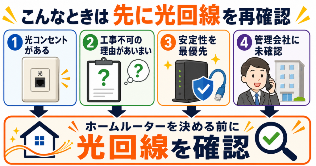 光コンセントがある、工事できない理由があいまい、安定性を重視する、管理会社に未確認の場合は、ホームルーターを決める前に光回線を再確認する図