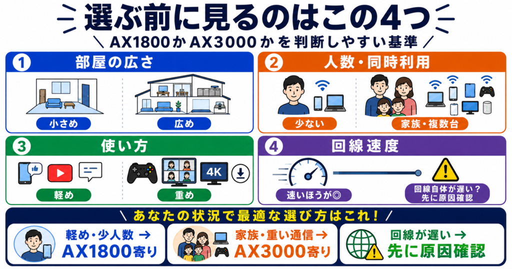 AX1800とAX3000を、部屋の広さ・人数と同時利用・使い方・回線速度の4つから判断する図。
