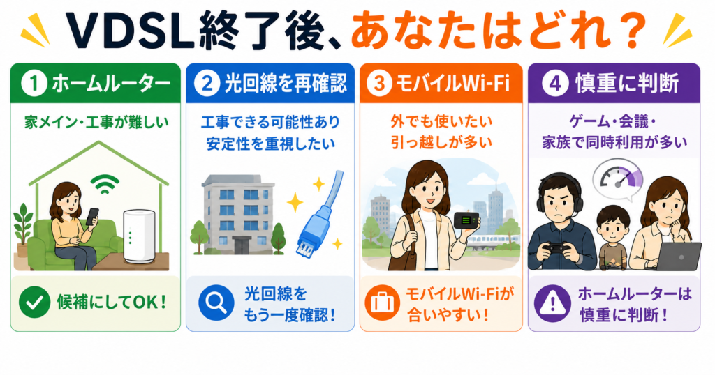VDSL終了後の選択肢を、ホームルーター・光回線の再確認・モバイルWi-Fi・慎重判断の4タイプで示した図