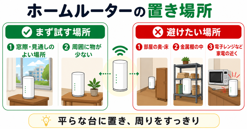 ホームルーターは窓際や見通しがよく周囲に物が少ない場所を候補にし、部屋の奥・床・金属棚・電子レンジ付近を避けることを示した図