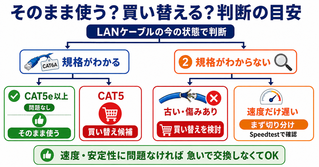 LANケーブルがCAT5なら買い替え候補、CAT5e以上で問題なければ継続使用、規格不明で古い・傷みがあれば買い替えを検討し、速度だけ遅い場合はSpeedtestで原因を切り分ける判断フロー