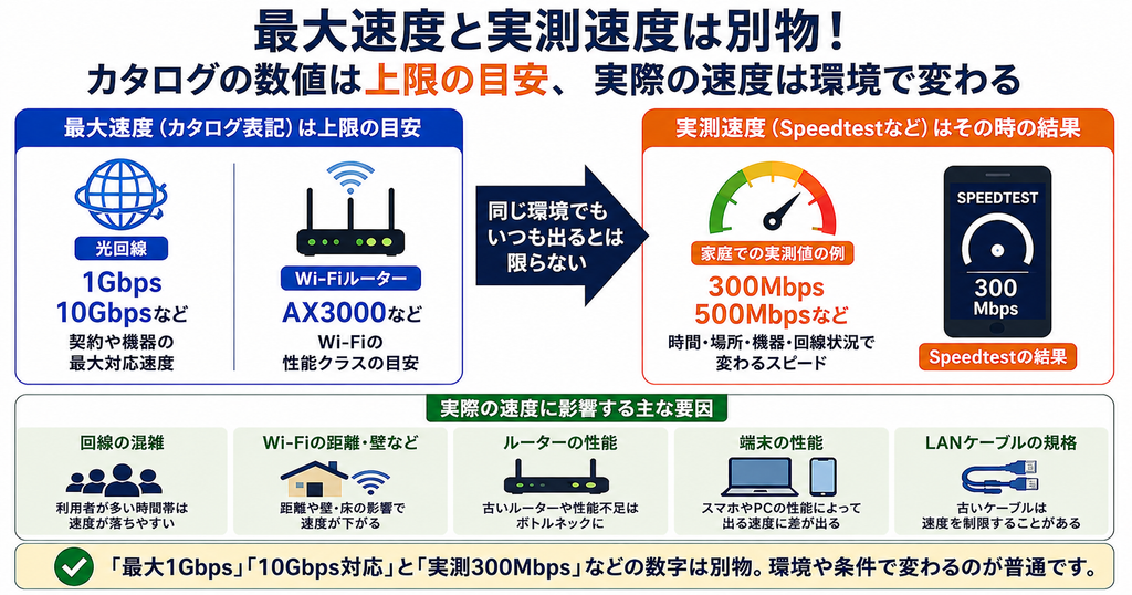 最大速度と実測速度の違いを示した図。光回線の1Gbps・10Gbpsなどは上限の目安で、実測速度は回線混雑やWi-Fi環境、ルーター・端末などによって変わることを示している。