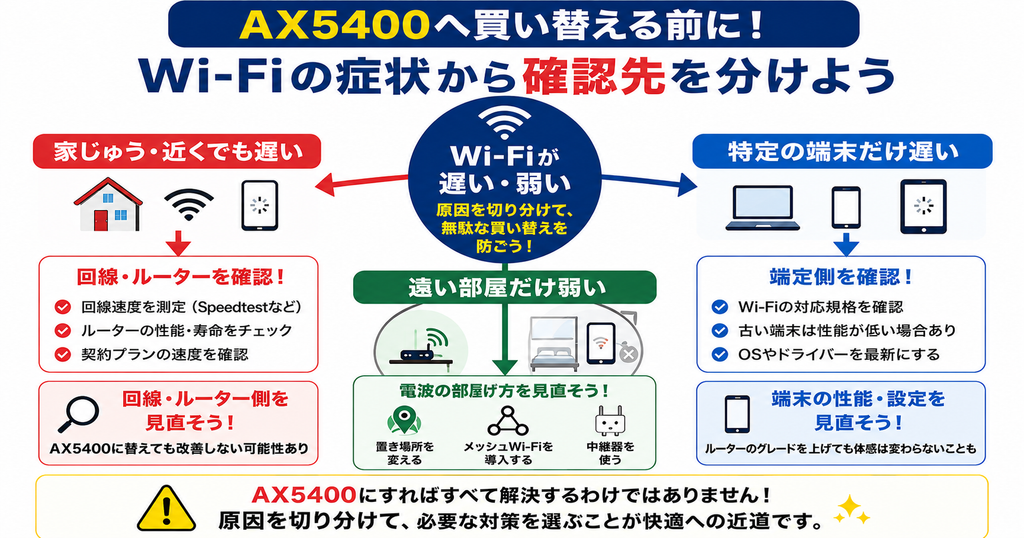 Wi-Fiが家じゅう遅い、遠い部屋だけ弱い、特定端末だけ遅い場合に、AX5400へ買い替える前の確認先を症状別に整理した判断図