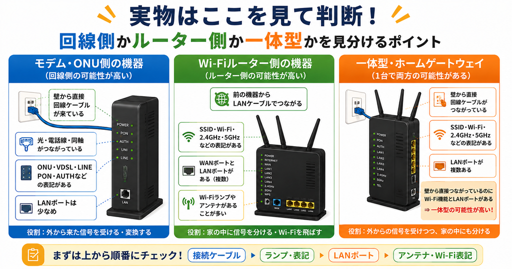 モデム・ONU側、Wi-Fiルーター側、一体型を、接続ケーブル・ランプや表記・LANポート・Wi-Fi表示で見分けるポイントを示した図