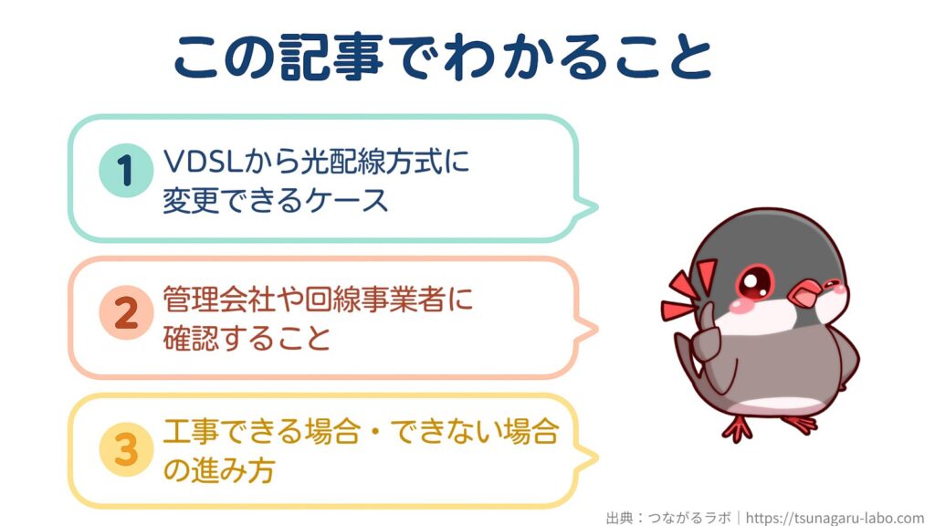 この記事でわかること
①VDSLから光配線方式に変更できるケース
②管理会社や回線事業者に確認すること
③工事できる場合・できない場合の進み方