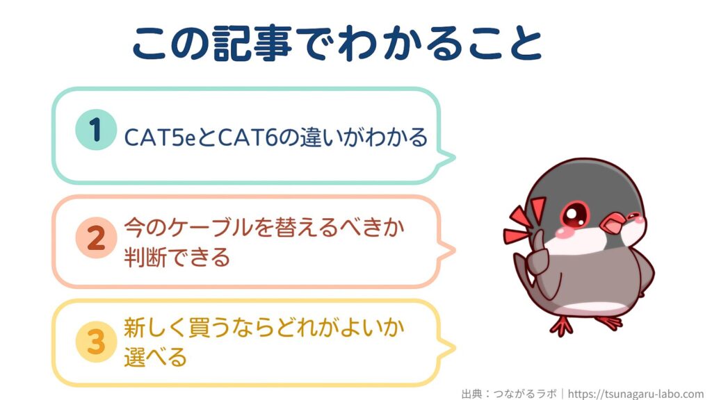 この記事でわかること
①CAT5eとCAT6の違いがわかる
②今のケーブルを替えるべきか判断できる
③新しく買うならどれがよいか選べる