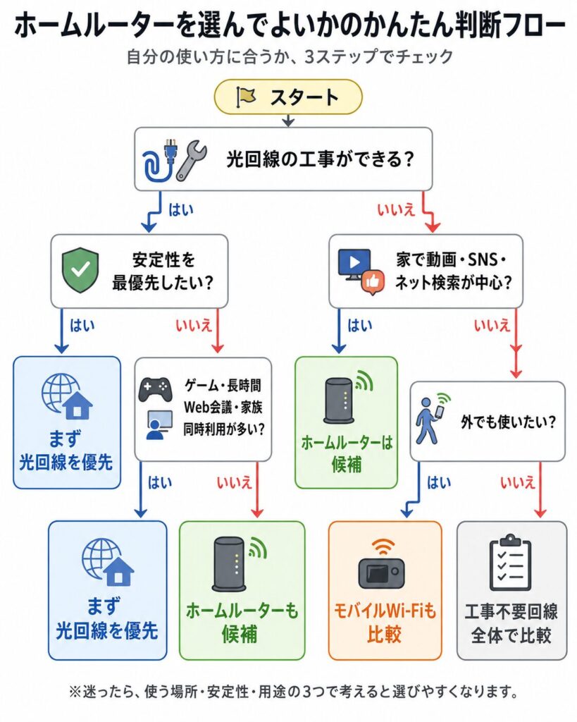 ホームルーターを選んでよいかを、光回線工事の可否、安定性、用途、外出先での利用有無から判断するフローチャート