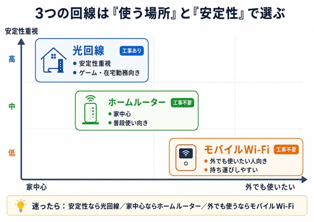 光回線、ホームルーター、モバイルWi-Fiを、安定性重視と利用場所(家中心から外でも使いたい)の2軸で比較した図。光回線は安定性重視でゲーム・在宅勤務向き、ホームルーターは家中心の普段使い向き、モバイルWi-Fiは外でも使いたい人向き。