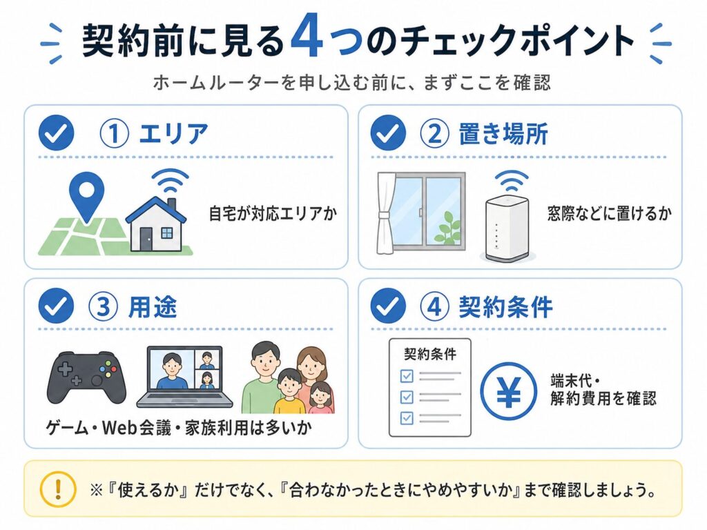 ホームルーターを契約する前に確認したい4つのポイントとして、対応エリア、置き場所、用途、契約条件を整理したチェックリスト図