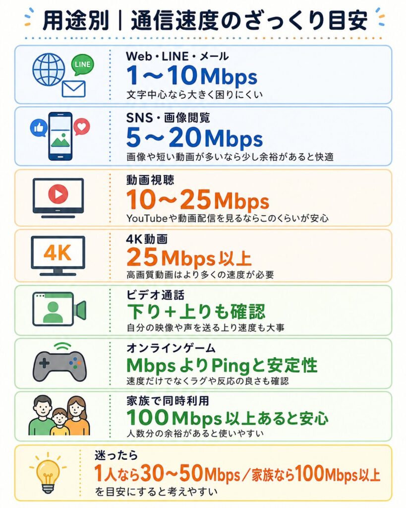 Web閲覧、動画視聴、ビデオ通話、オンラインゲーム、家族利用に必要な通信速度の目安を用途別に示した図