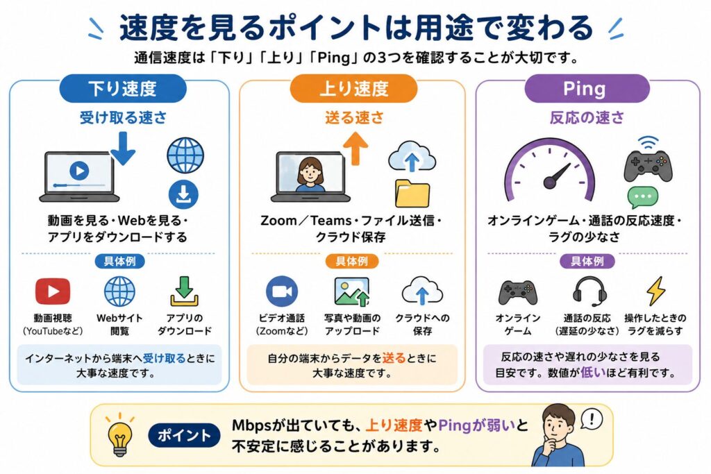 通信速度を見るときに下り速度、上り速度、Pingを用途別に確認することを示した図