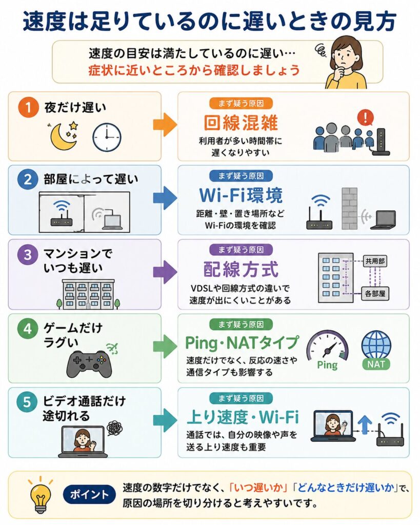 通信速度の目安を満たしているのに遅いときに、夜だけ遅い・部屋によって遅い・ゲームだけラグいなどの症状別に確認する原因を示した図