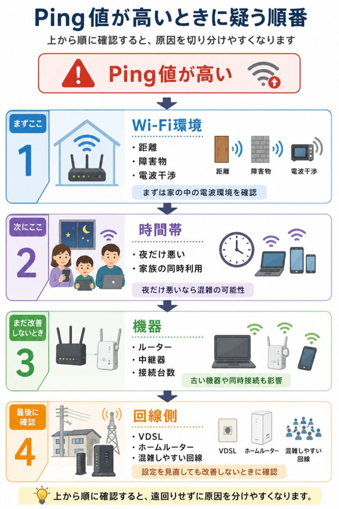 Ping値が高いときに、Wi-Fi環境、時間帯、機器、回線側の順に確認すると原因を切り分けやすいことを示した図解
