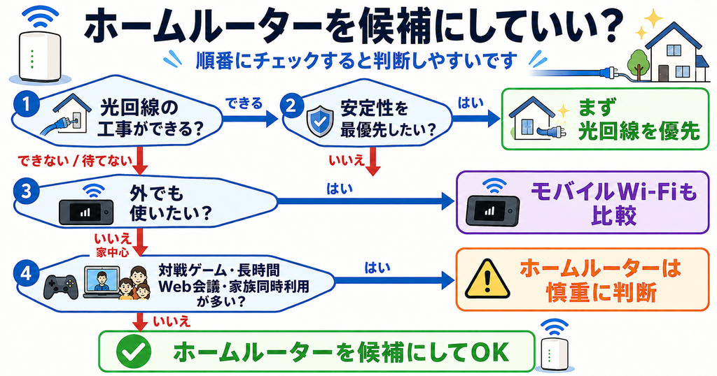 ホームルーターを候補にしてよいかを、光回線工事の可否、安定性、外での利用、ゲーム・Web会議・家族同時利用から判断するフローチャート