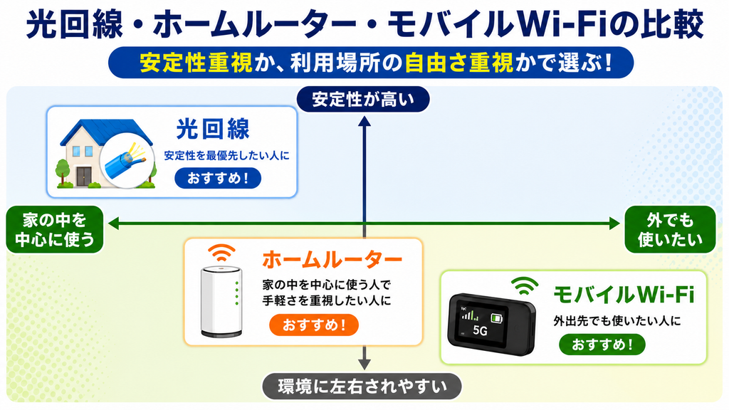 光回線・ホームルーター・モバイルWi-Fiを、安定性と利用場所で比較した図