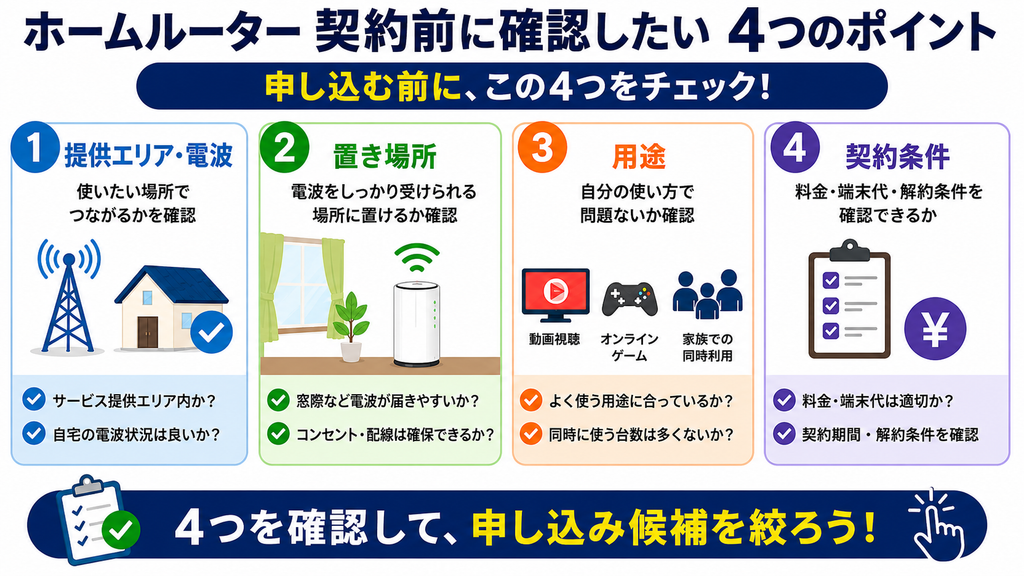 ホームルーター契約前に確認する、提供エリア・電波、置き場所、用途、契約条件の4項目をまとめたチェック図