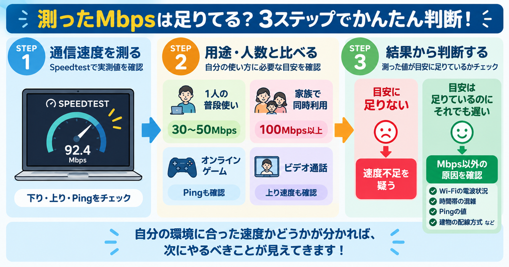 Speedtestの実測値を用途・人数と比べ、速度不足かMbps以外の原因を確認するかを3ステップで判断する図