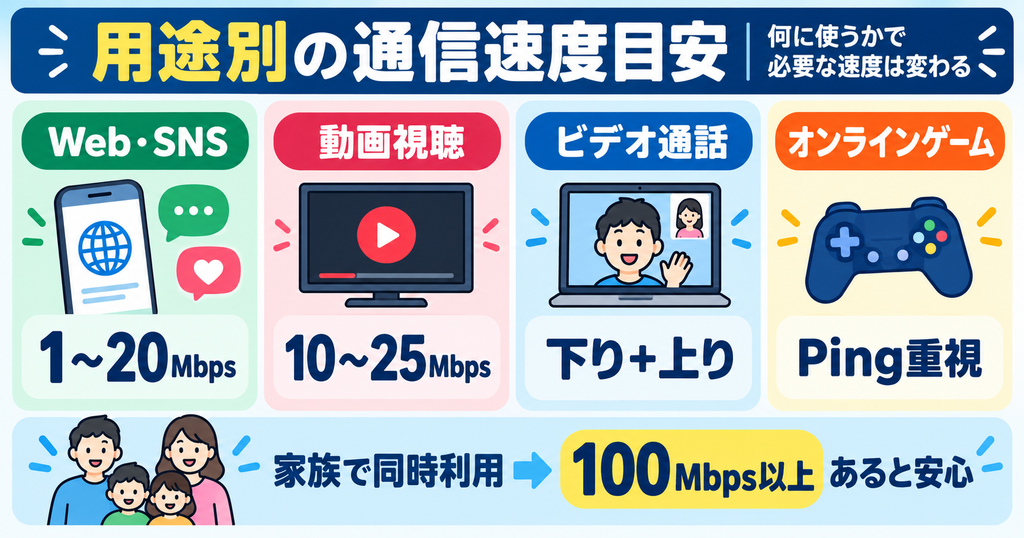 Web・SNS、動画、ビデオ通話、オンラインゲーム、家族同時利用ごとに、通信速度の目安と見るべき指標を示した図
