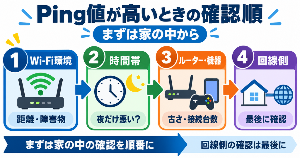 Ping値が高いときに、Wi-Fi環境、時間帯、ルーター・機器、回線側の順に確認し、家の中の原因から先に切り分ける流れを示した図