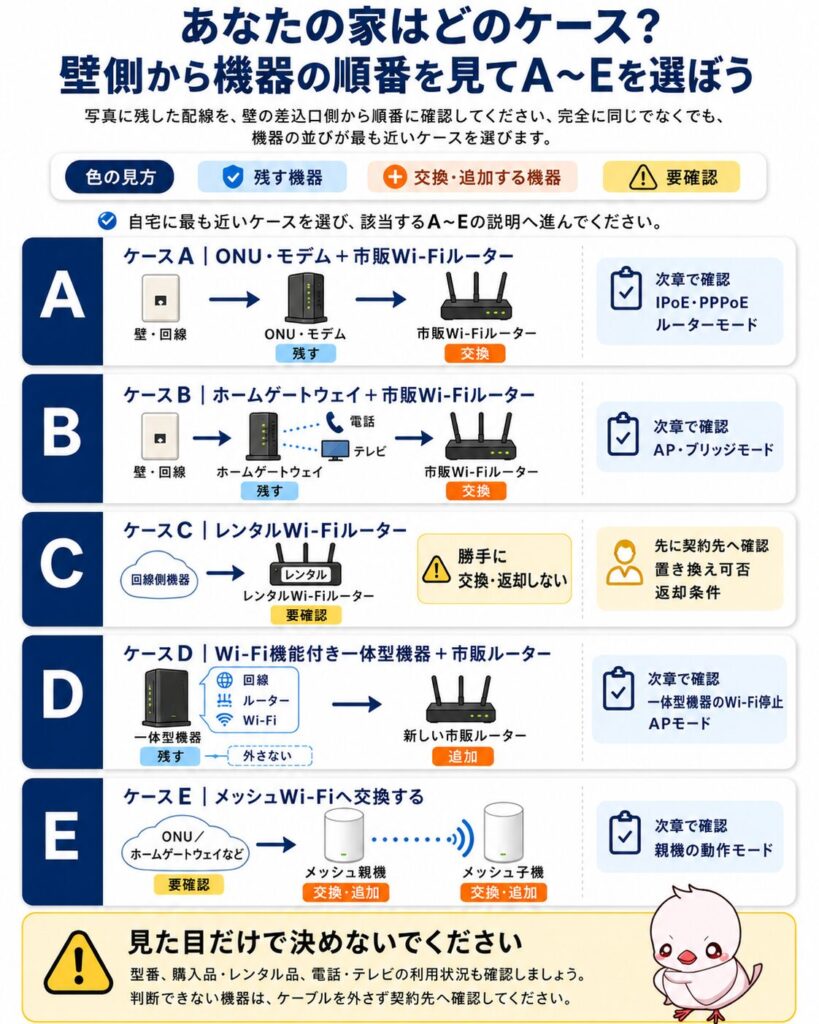 Wi-Fiルーター交換時の自宅構成A〜E。ONU・モデム、ホームゲートウェイ、レンタルルーター、一体型機器、メッシュWi-Fiごとに、残す機器・交換対象・要確認事項を比較