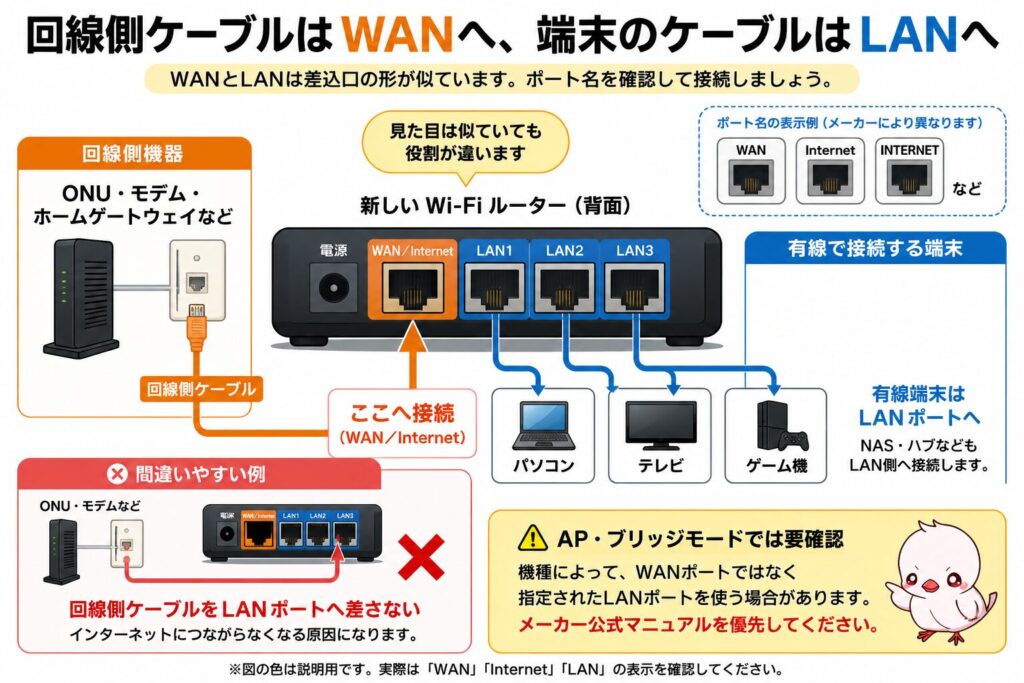 ONU・モデムなどからの回線側ケーブルは、新しいWi-FiルーターのWAN・Internetポートへ接続し、パソコン・テレビ・ゲーム機などの有線端末はLANポートへ接続する