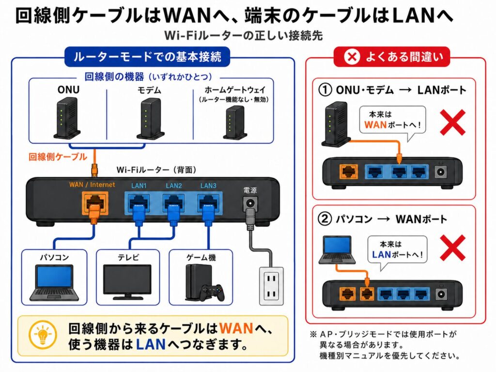 ルーターモードで、ONU・モデム・ルーター機能がないまたは無効なホームゲートウェイからの回線側ケーブルをWAN・Internetポートへ、パソコン・テレビ・ゲーム機をLANポートへ接続し、逆接続を誤りとして示す図