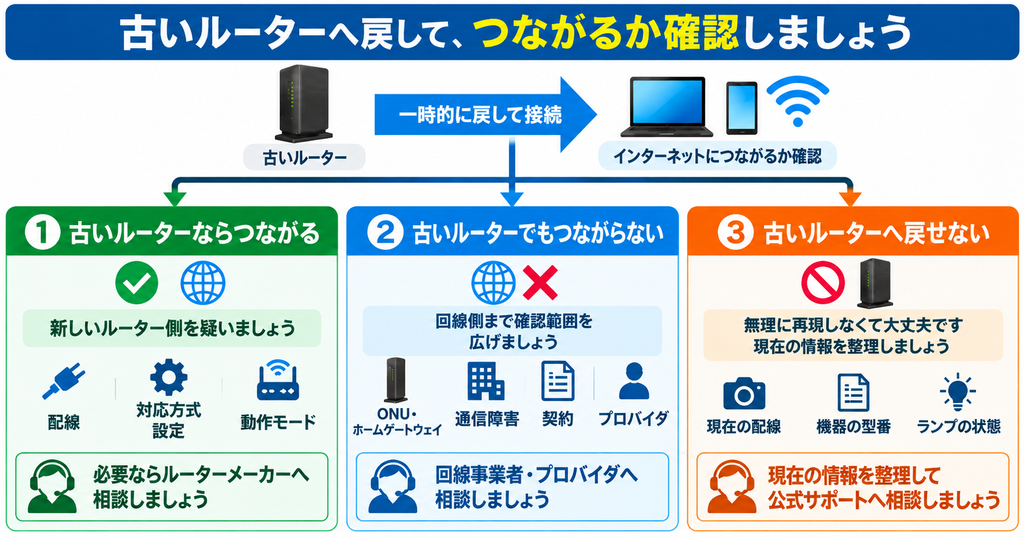 古いルーターへ戻し、つながる場合は新しいルーター側、つながらない場合は回線・契約側を確認し、戻せない場合は現在の配線・型番・ランプ状態を整理して公式サポートへ進む判断図