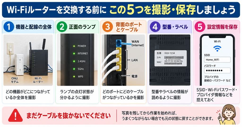 Wi-Fiルーター交換前に残す5項目。配線全体、正面ランプ、背面ポート、型番ラベルを撮影し、SSIDやWi-Fiパスワードなどの設定情報を保存する