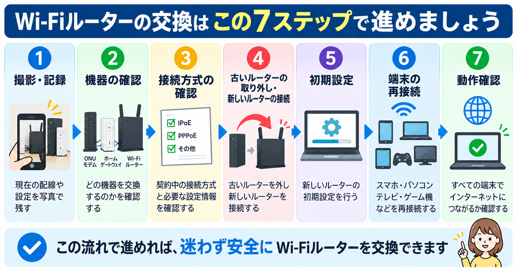 Wi-Fiルーター交換の7ステップ。撮影・記録、機器確認、接続方式確認、ルーター交換、初期設定、端末再接続、動作確認の順に進める