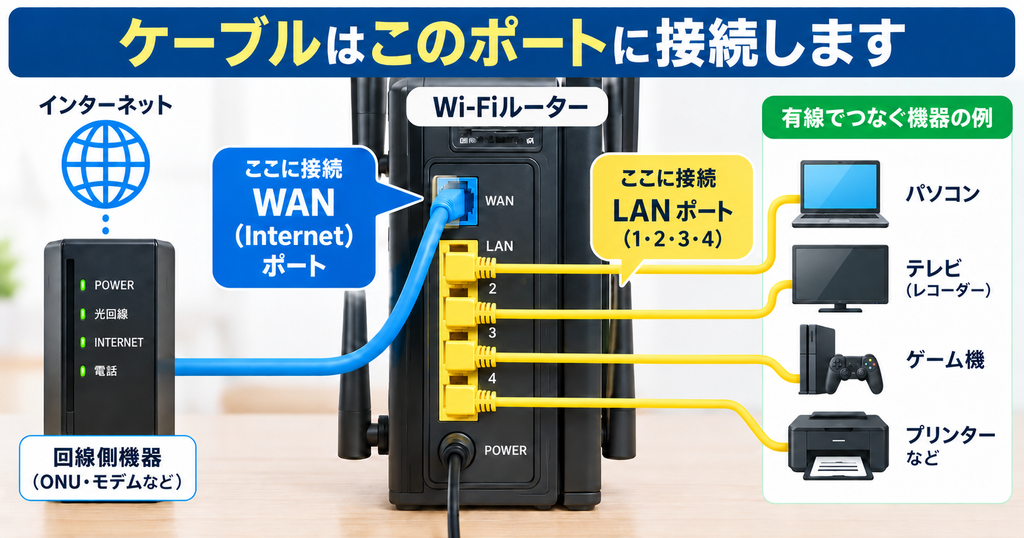 Wi-FiルーターのWAN・InternetポートとLANポートの接続先。ONU・モデムなどの回線側ケーブルはWAN・Internetへ、パソコン・テレビ・ゲーム機・プリンターなどの有線端末はLANへ接続する図