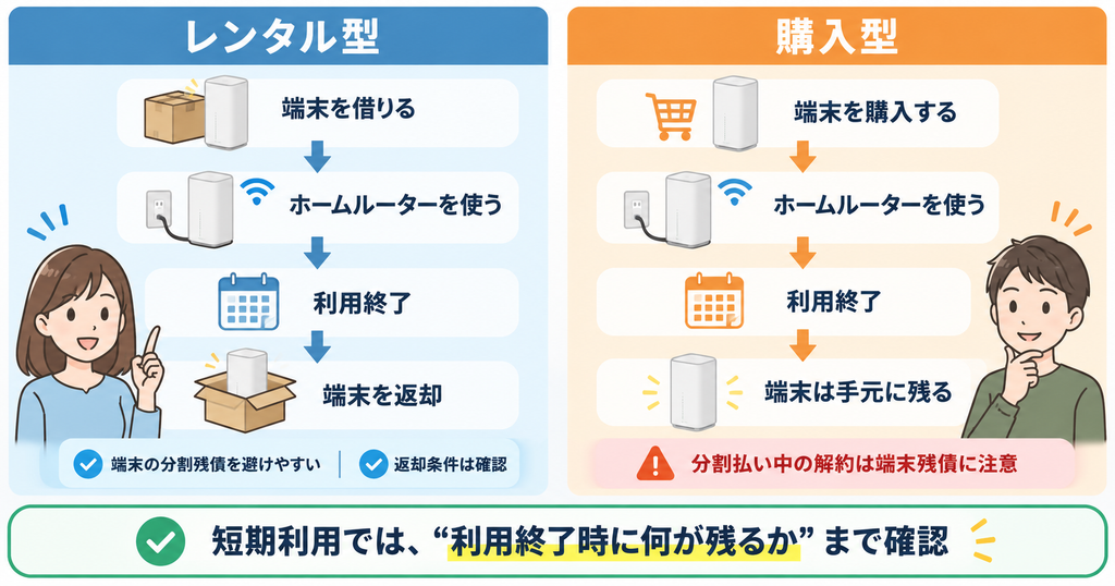 ホームルーターのレンタル型と購入型の違い。レンタル型は利用後に端末を返却し、購入型は端末が手元に残るが途中解約では端末残債に注意