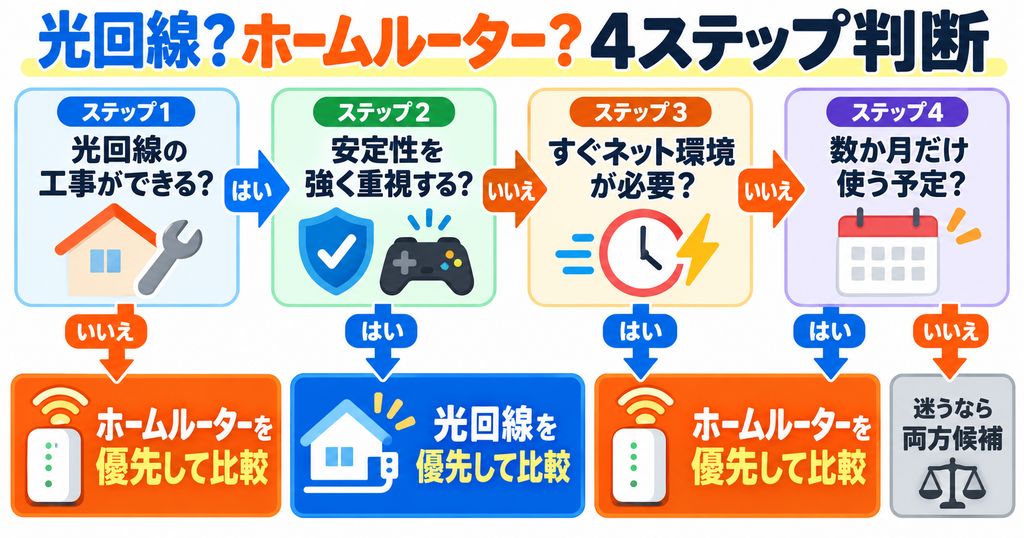 光回線とホームルーターの4ステップ判断図。工事の可否、安定性、すぐ使う必要があるか、短期利用かを順に確認し、光回線・ホームルーター・両方候補のどれを優先して比較するかを整理。