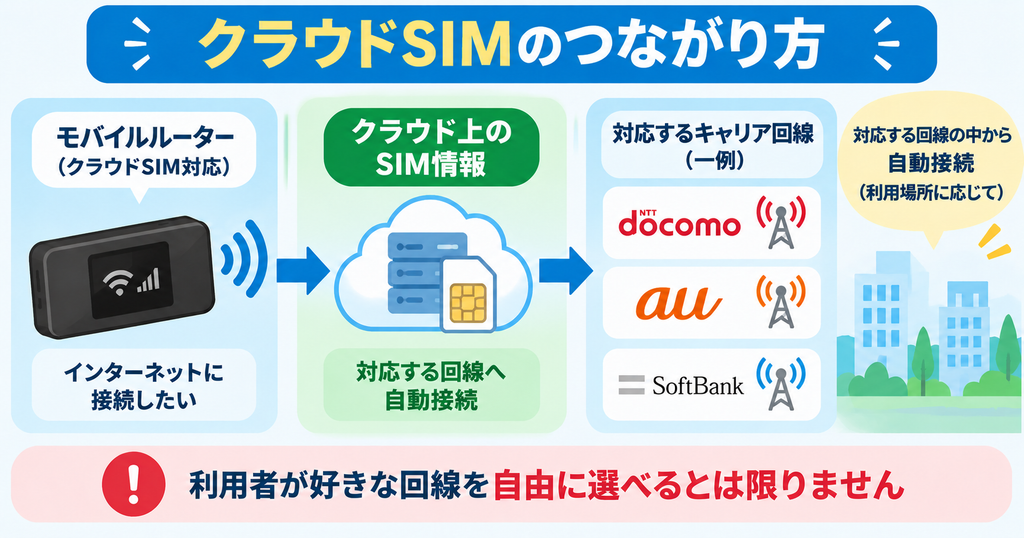 クラウドSIMがクラウド上のSIM情報を利用し、対応するキャリア回線へ接続する仕組み