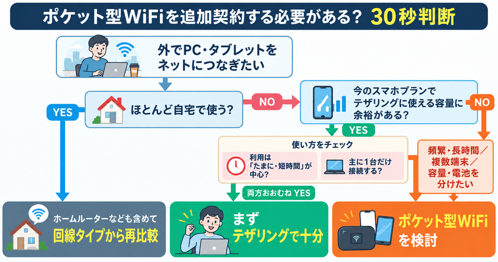 ポケット型WiFiを追加契約する必要があるかを、利用場所・テザリング容量・利用頻度・接続台数から判断するフローチャート