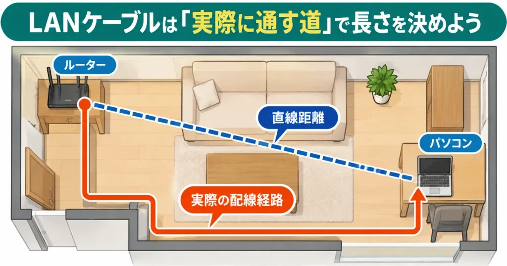 LANケーブルの直線距離(青い破線)と、家具を避けて壁沿いに通す実際の配線経路(オレンジ色の線)を比較した図