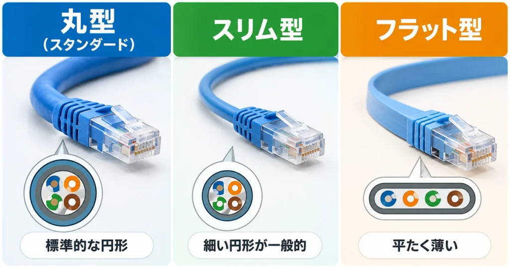 LANケーブルの丸型・スリム型・フラット型の外観と断面形状を比較した模式図。丸型は一般的な円形、スリム型は細い円形、フラット型は平たく薄い形状。