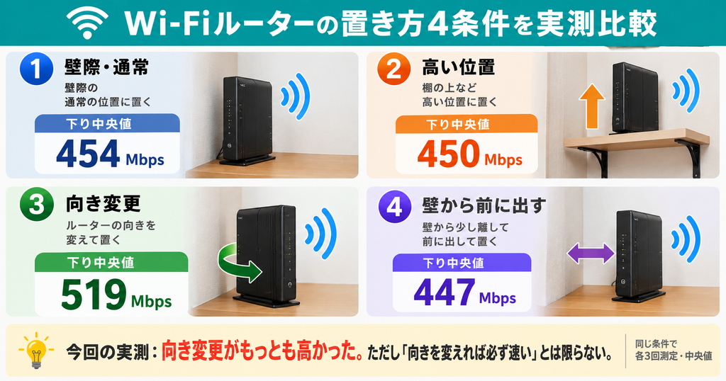 Wi-Fiルーターの置き場所4条件の実測比較。下り中央値は壁際454Mbps、高い位置450Mbps、向き変更519Mbps、壁から前447Mbps