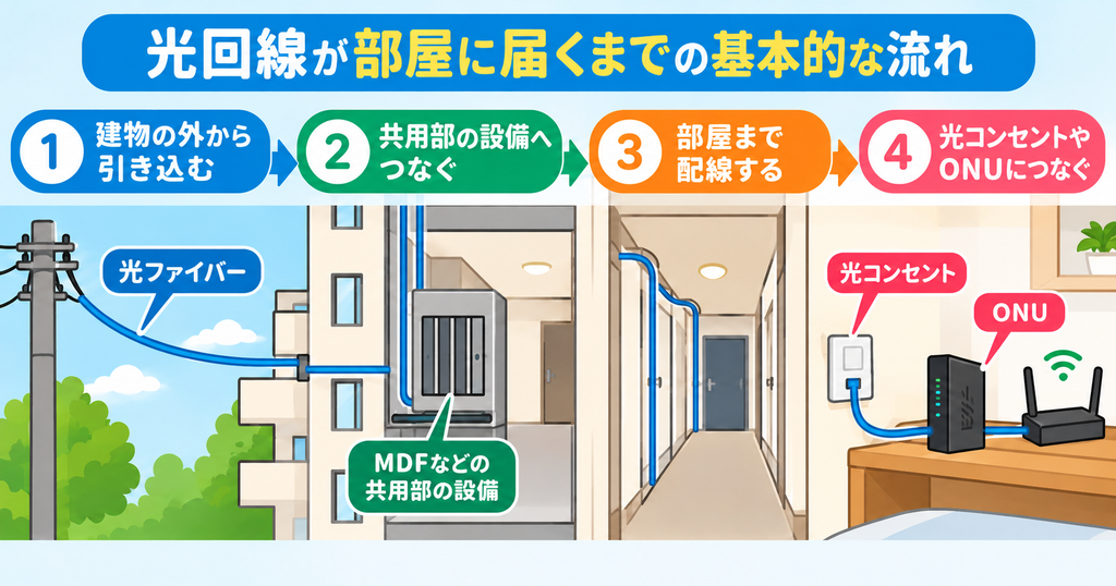 マンションの光回線が建物外から共用部・MDFを通り、部屋の光コンセント・ONUまでつながる基本的な流れ